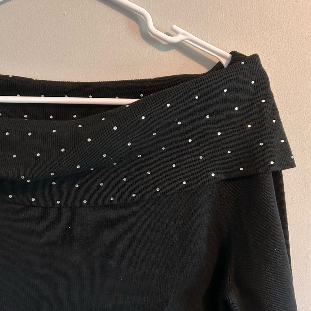 Y2K Quacker Factory Off Shoulder Rhinestone Black Sweater